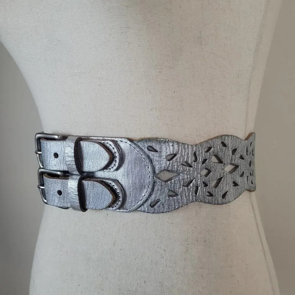 Linea Pelle Belt Small Silver Metallic Leather Waist Double Buckle Cutout Boho